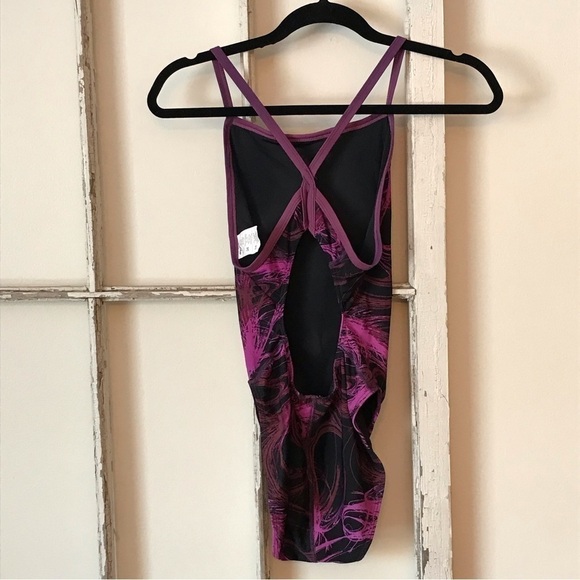 SPORTI one piece swim suit black with purple swirls. Size 34. - Picture 2 of 7